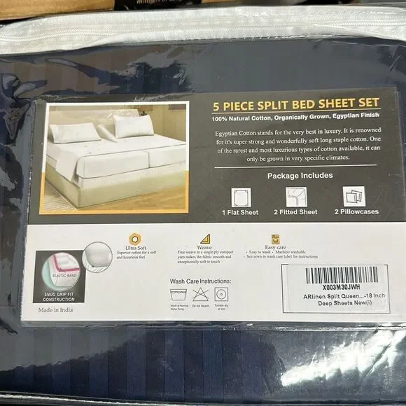 Split Queen Sheets Adjustable Bed Cotton-Deep Pockets-5 Pcs Navy Blue Stripe NEW - Picture 6 of 6